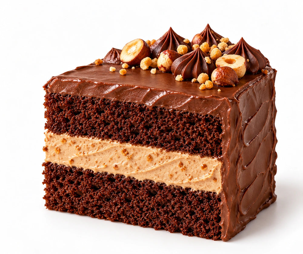 Chocolate Hazelnut cake slice with feuilletine and hazelnut praline buttercream