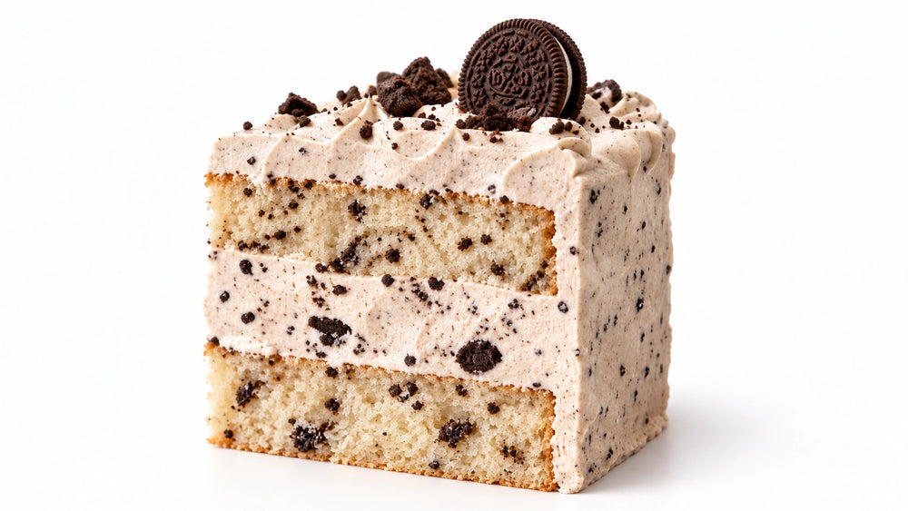 Cookies and Cream cake slice with Oreo vanilla sponge and Oreo buttercream