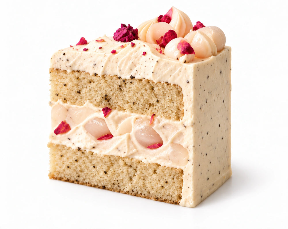 Earl Grey Lychee cake slice with lychee fruit and Earl Grey buttercream
