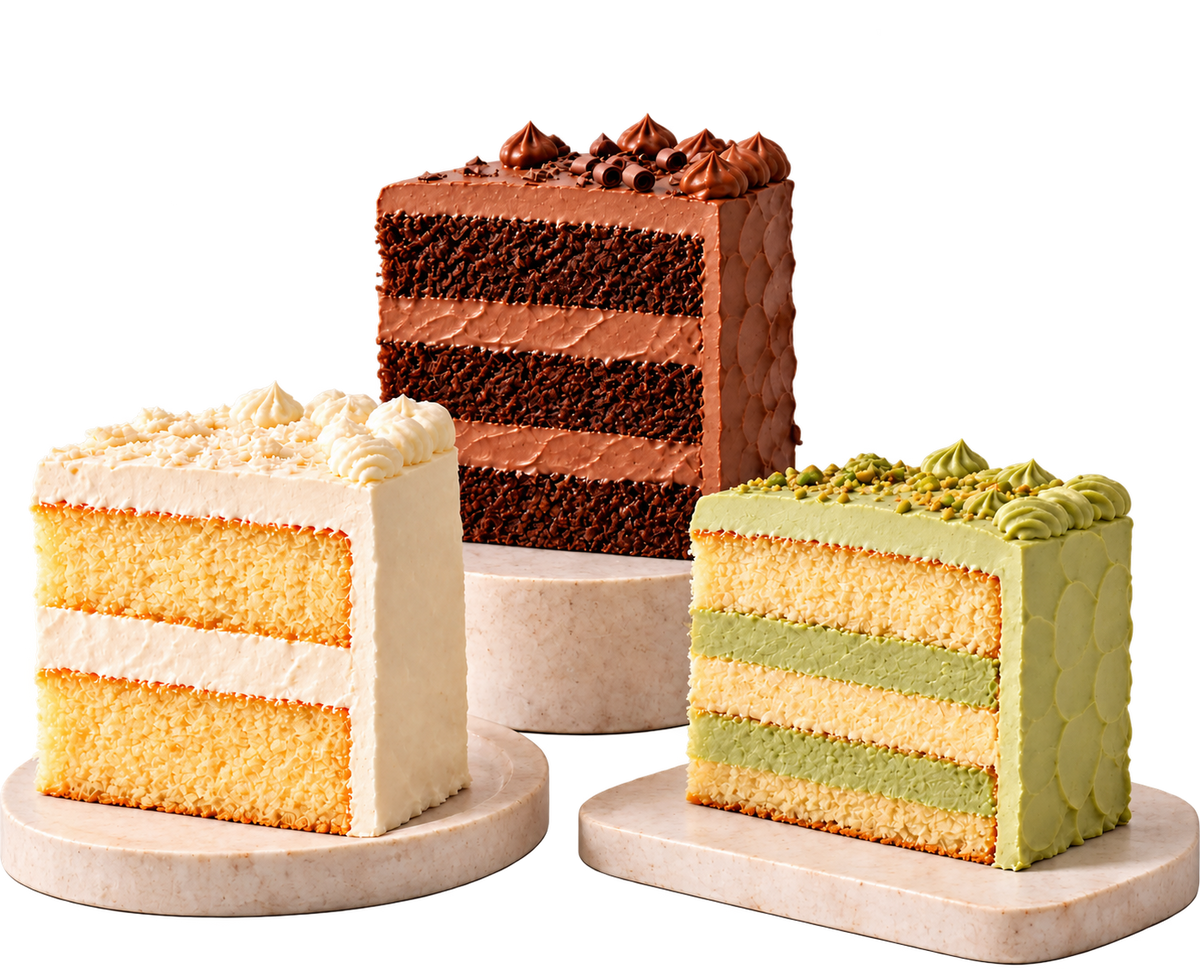 Three Kekki cake slices in vanilla, chocolate and matcha flavours