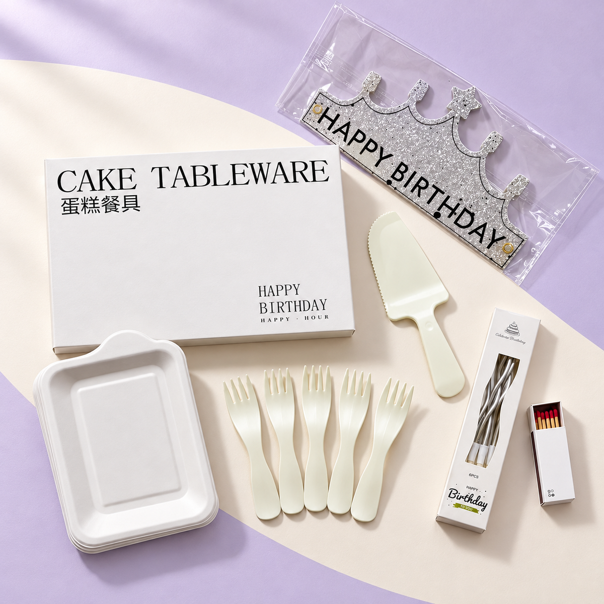 Kekki utensil set for 10 people on a lilac and cream background