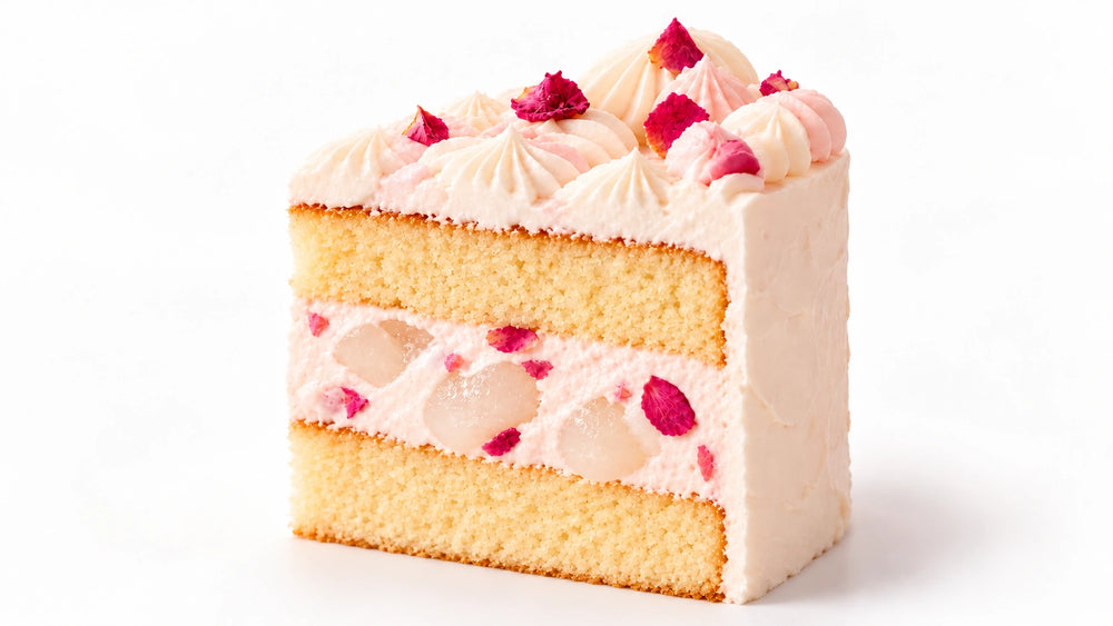 Lychee Rose cake slice with vanilla sponge, milk cream and lychee fruit
