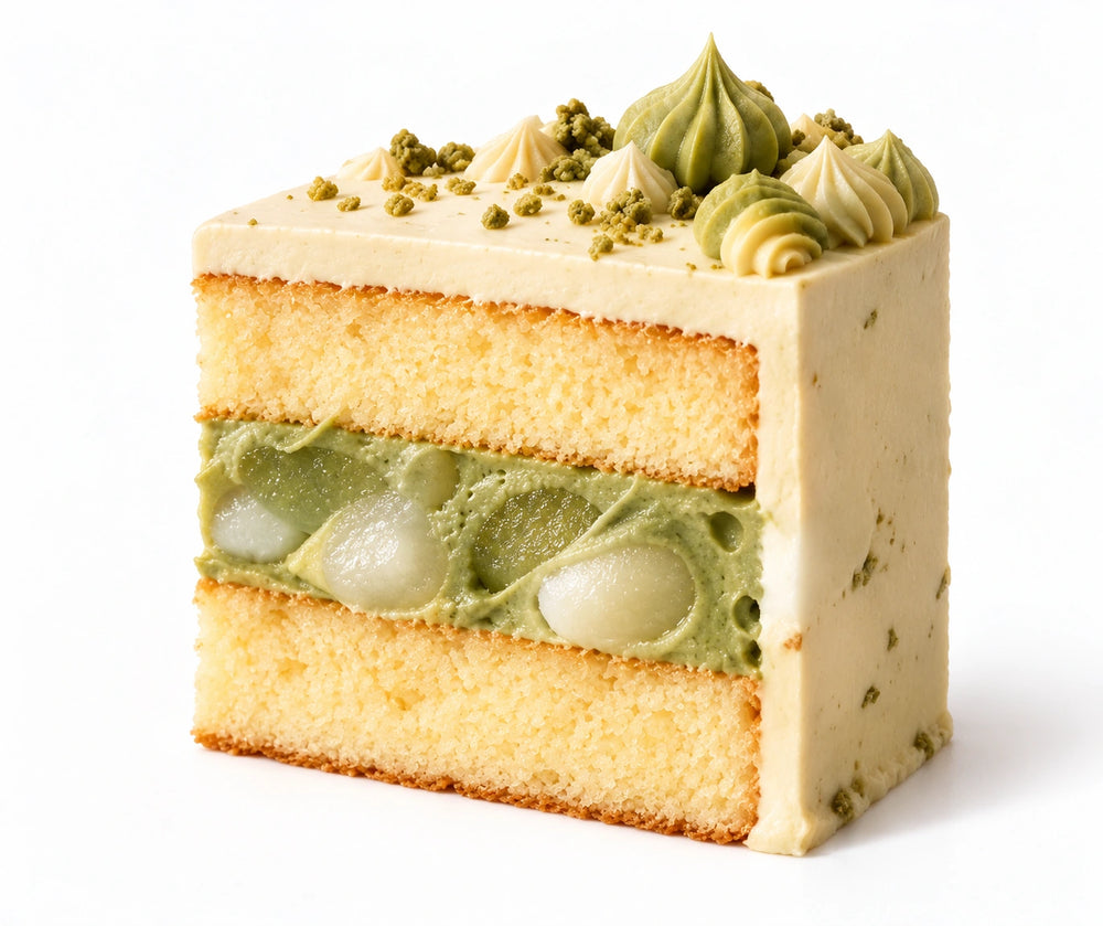 Matcha Mochi cake slice with vanilla sponge, matcha cream and matcha mochi
