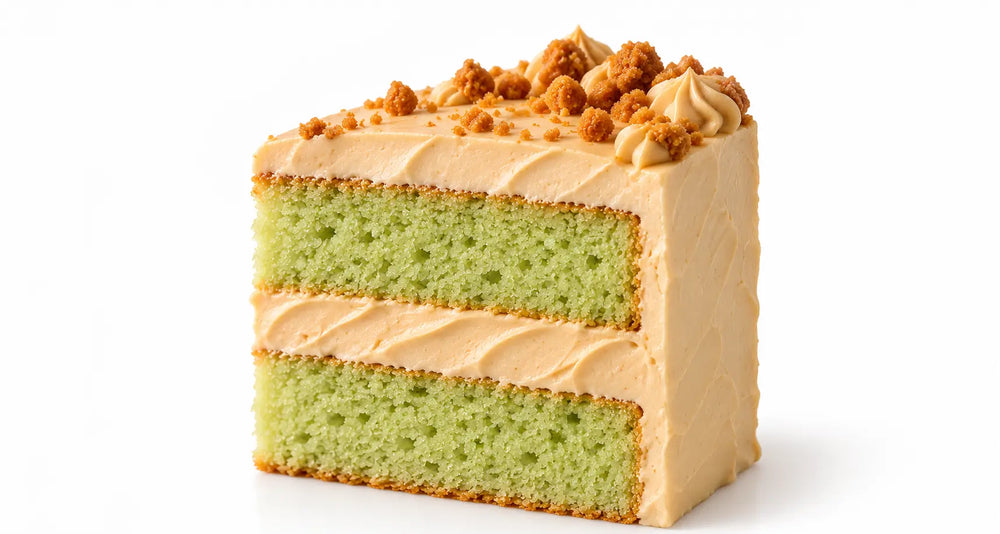 Pandan Gula Melaka cake slice with pandan sponge and gula melaka buttercream