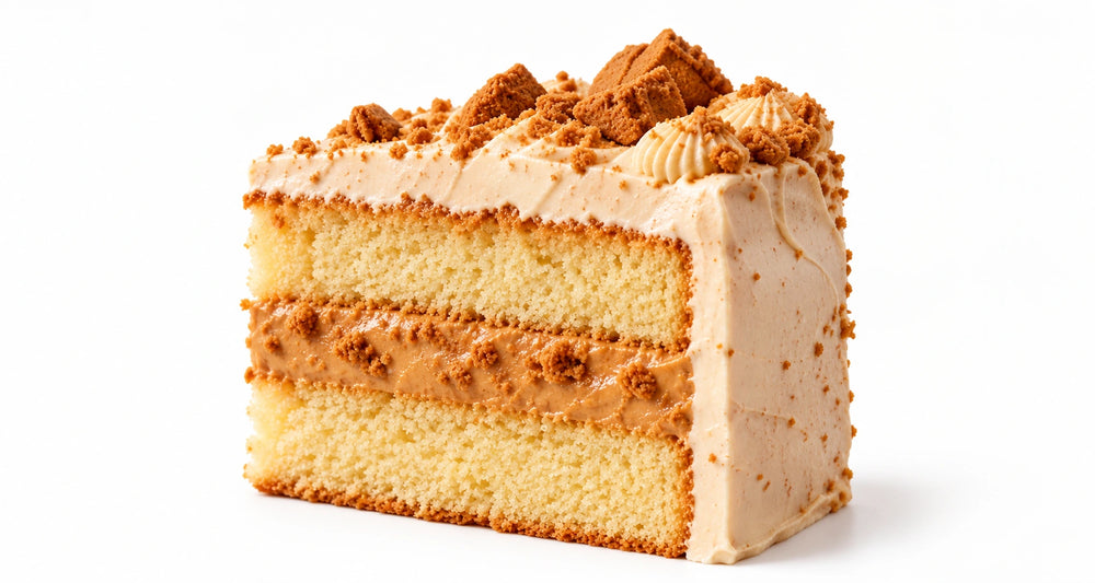 Speculoos cake slice with Biscoff cookies, buttercream and cookie crumbs