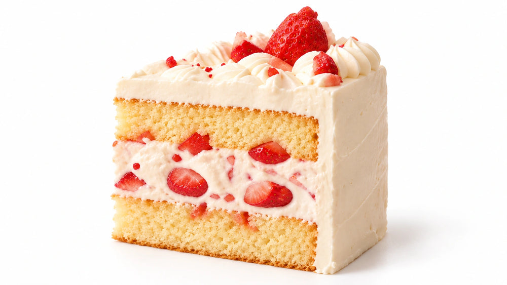 Strawberry Cream cake slice with vanilla sponge, milk cream and strawberry fruit