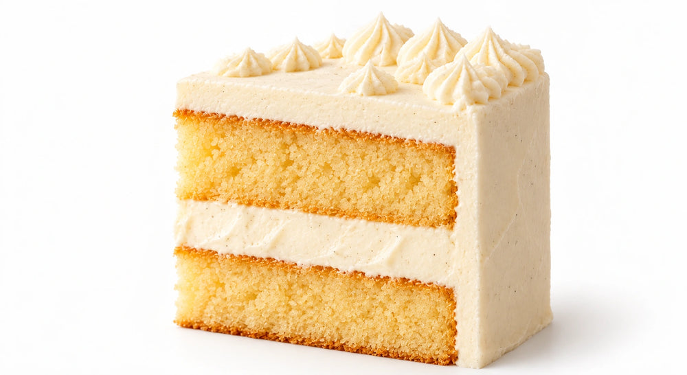 Vanilla Bean cake slice with vanilla sponge and Swiss meringue buttercream